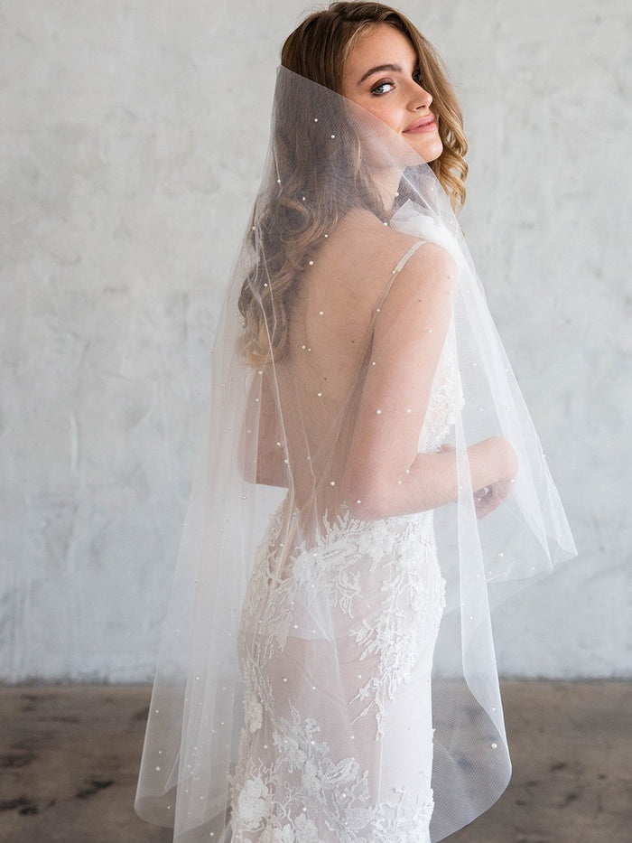 THEOLA FINGERTIP VEIL - SCATTERED CRYSTALS & PEARLS